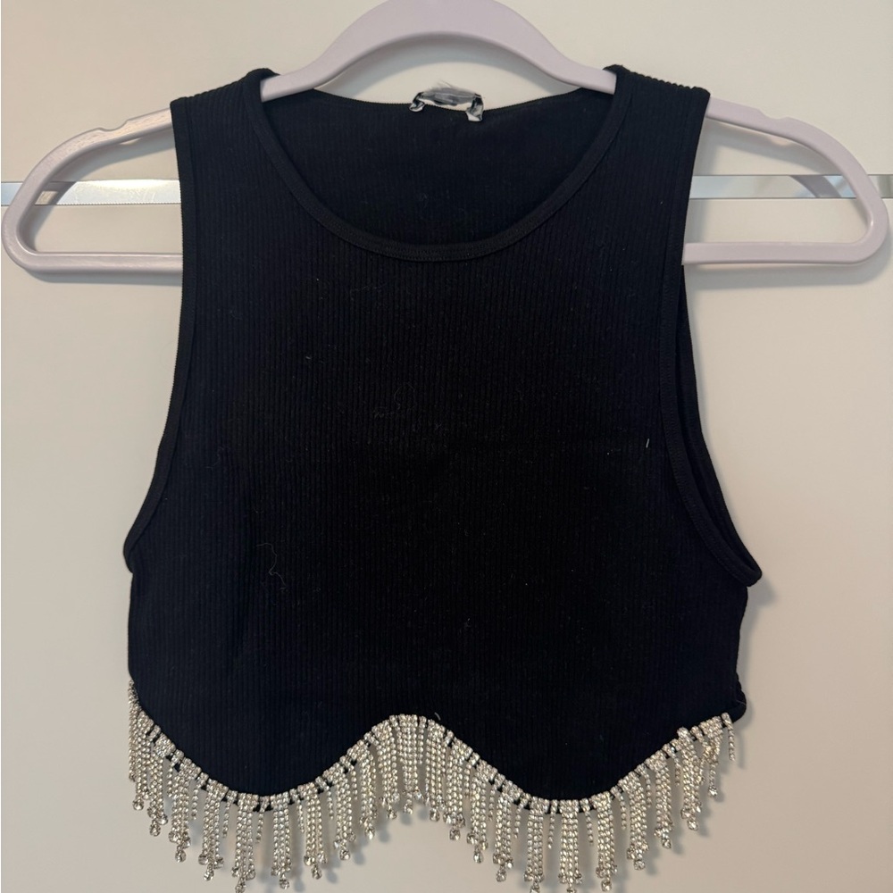 Black Sleeveless Top with Silver Fringe
